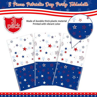 Jectivs Patriotic Tablecloths - 3 Pack Independence Day Decor | 54 x 108 Inch Plastic Covers with Stars & Fireworks