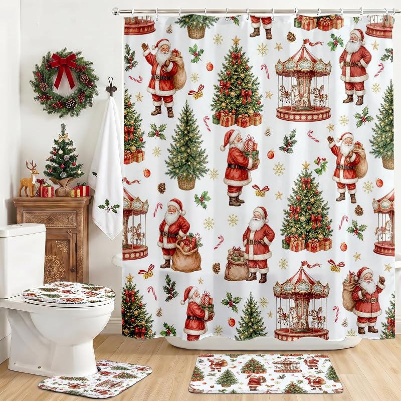 Santa Claus Shower Curtain Set - 4Pcs Holiday Bath Decor, 100% Polyester