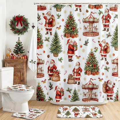 Santa Claus Shower Curtain Set - 4Pcs Holiday Bath Decor, 100% Polyester