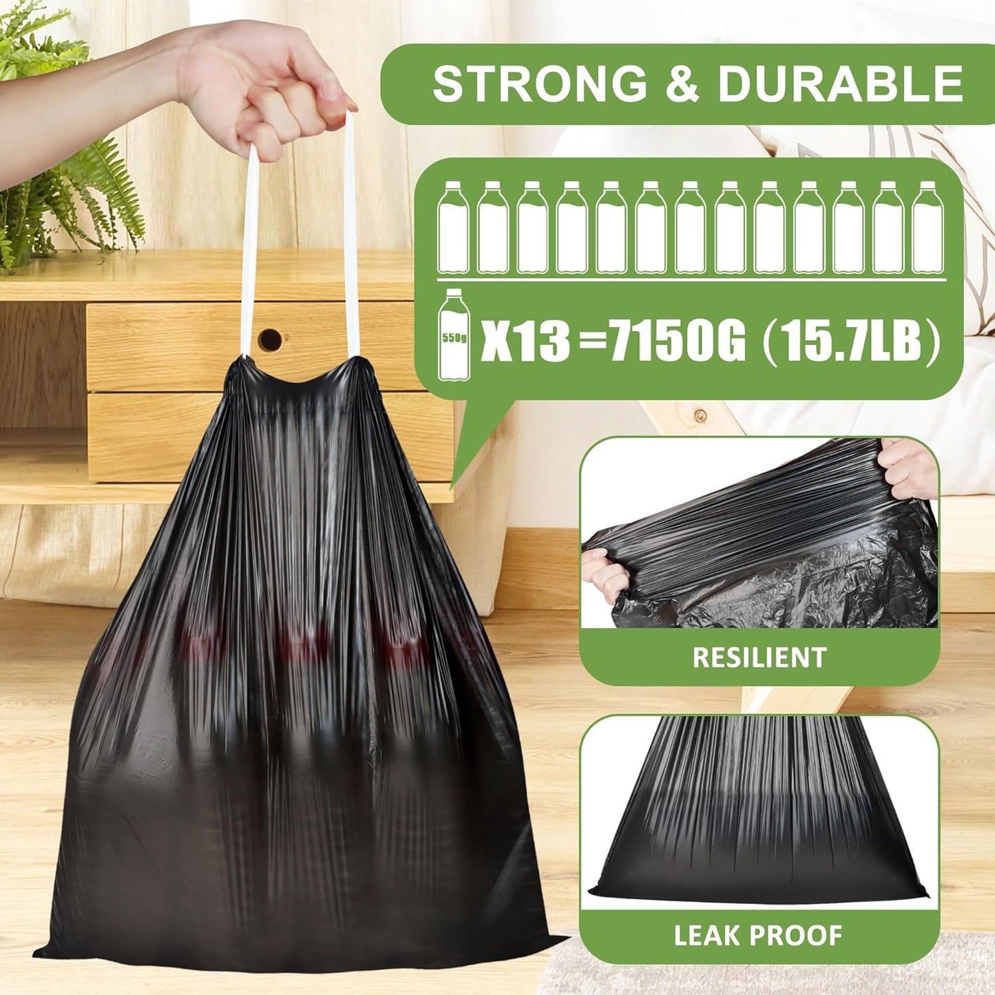 Skiennix 4 Gallon Small Trash Bags - Tear-Free Drawstring Liners for Bathroom & Home | 132 Count, Black