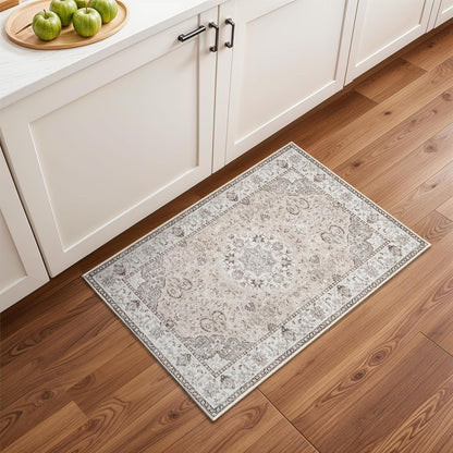 Regine Switzerland Washable 2x3 Entryway Area Rug - Soft Vintage Non-Slip Indoor Carpet in Beige
