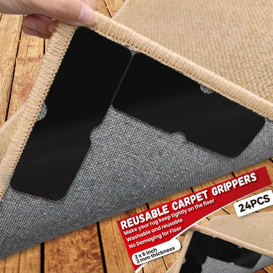 Rug Carpet Non Slip Grippers, Reusable Rug Tape, No Damaging for Hardwood Floors and Tiles, Carpet Grippers Stickers Pads for Area Rugs Corners Flat, 24Pcs