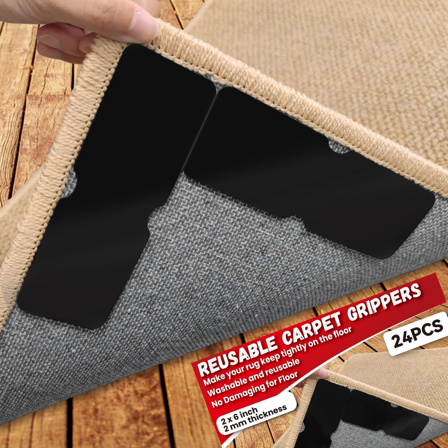 Rug Carpet Non Slip Grippers, Reusable Rug Tape Pads, No Damaging for Hardwood Floors, Strong Hold Carpet Corner Stickers for Area Rugs Flat, Removable, 8Pcs