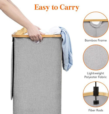 Lifewit 100L Laundry Basket - Foldable Hamper with Lid & Bamboo Handles | Light Gray, Removable Bag
