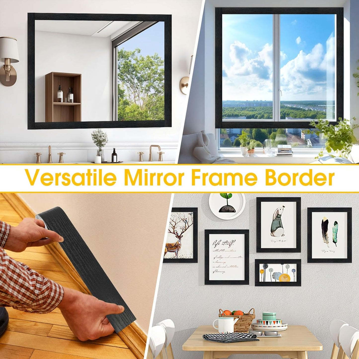 Skiennix Peel & Stick Black Wood Grain Wallpaper Border - Stylish Bathroom Mirror Frame | 32.8 FT x 3.93 Inch