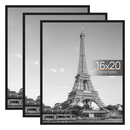 upsimples 16x20 Picture Frame Black 3 Pack, Scratch-Proof Poster Frames 16 x 20 for Photo Gallery - Slide-In Strips, Horizontal or Vertical Wall Mounting