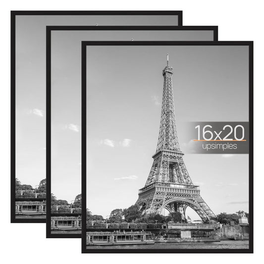 upsimples 16x20 Picture Frame Black 3 Pack, Scratch-Proof Poster Frames 16 x 20 for Photo Gallery - Slide-In Strips, Horizontal or Vertical Wall Mounting