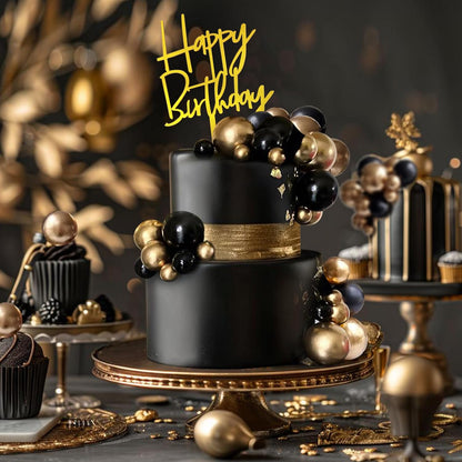 Skiennix 75 PCS Black and Gold Cake Decoration Set - Happy Birthday Inserts for DIY Parties