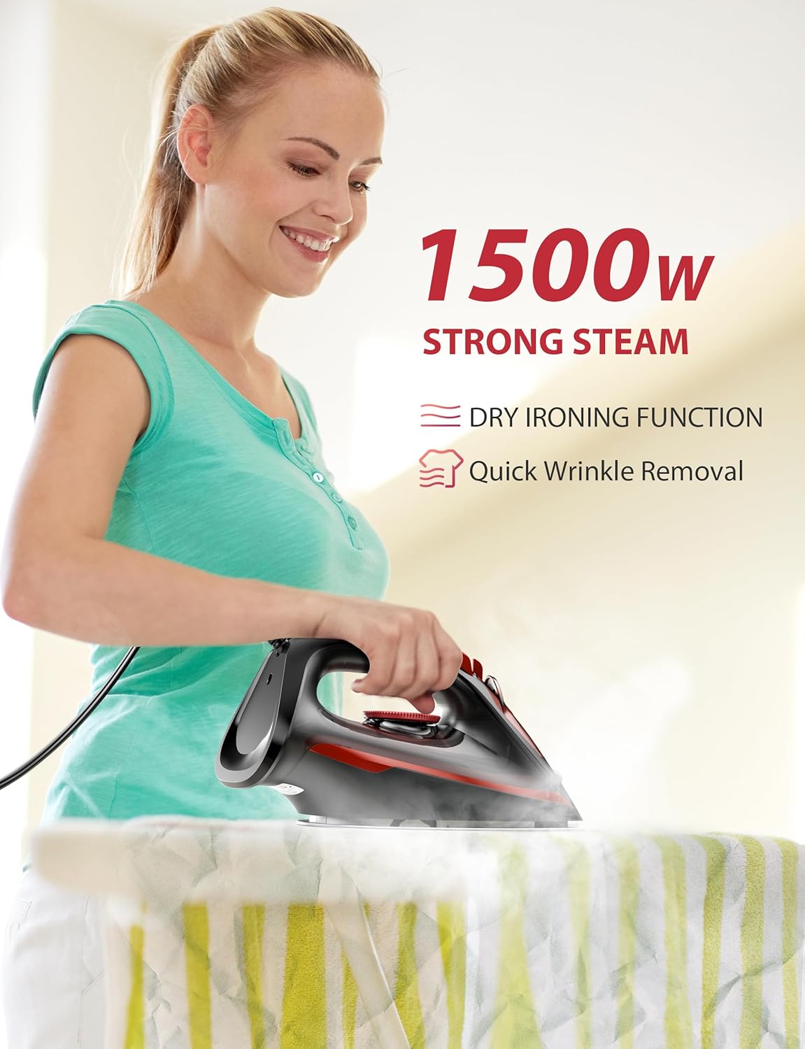 Skiennix Steam Iron - 1500W Powerful with Ceramic-Coated Soleplate, Auto Shutoff & Self-Cleaning
