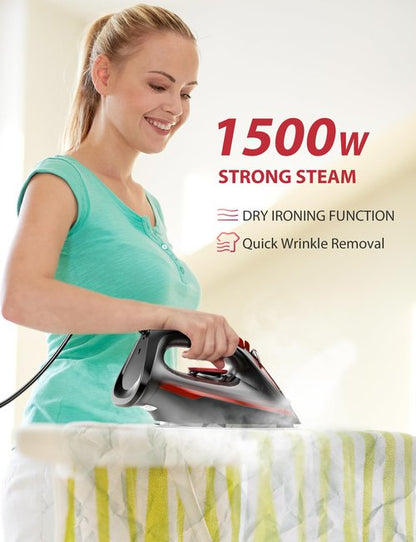 1500W Red Steam Iron for Clothes, 350ml Water Tank with Auto-Off, Powerful Burst of Steam, Self-Clean, Anti-Calc & Anti-Drip, Ceramic Soleplate