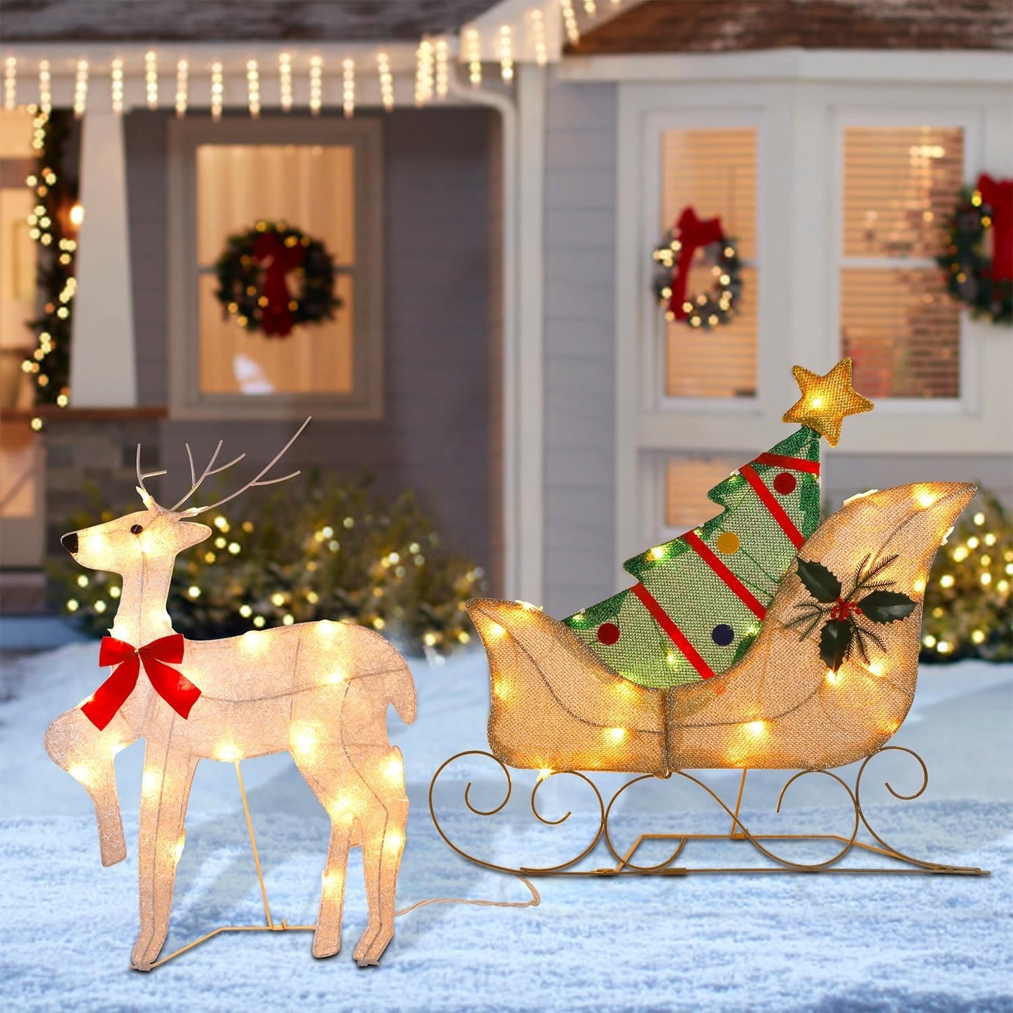 WATERGLIDE Christmas Decorations - 23 Inch Lighted Reindeer & Santa Sleigh | Pre-Lit 2D Yard Decor for Festive Outdoor Display