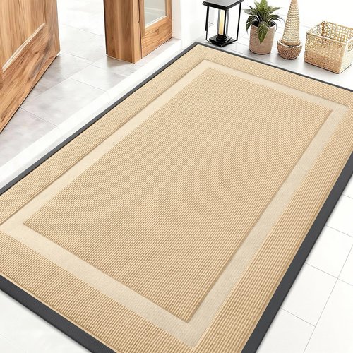 OLANLY Front Door Mat Indoor Outdoor Entrance, Waterproof All-Season, All-Weather Doormat, Sturdy Natural Rubber, Fade Resistant, Low Profile, Easy Clean Patio Porch Entryway Mat, 47x30, Beige