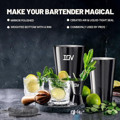 IOV Boston Cocktail Shaker Bar Set, Bartender Kit Drink Mixer Set with 18 oz & 28 oz Boston Shakers, Hawthorne Strainer, Double Jigger, Bar Tool Kit and Recipe Booklet - Black