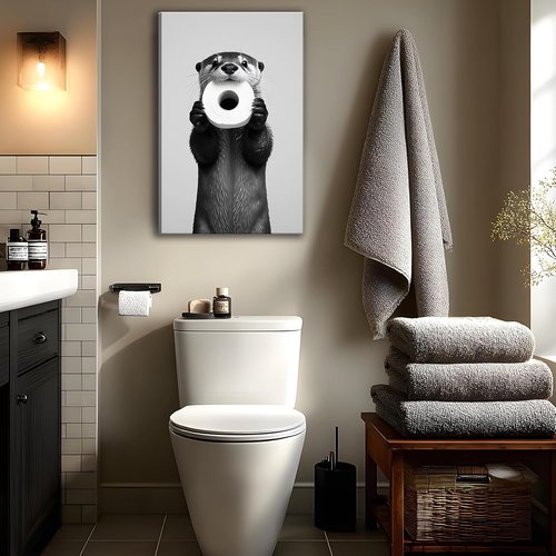 Funny Otter Wall Art - Humorous Black and White Canvas Print for Bathroom Decor | 12x16''