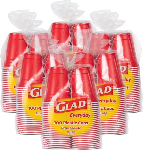 Glad Everyday Disposable Plastic Cups - Heavy Duty Red Drinking Party Cups - 16 Ounce, 100 Count | 6 Pack