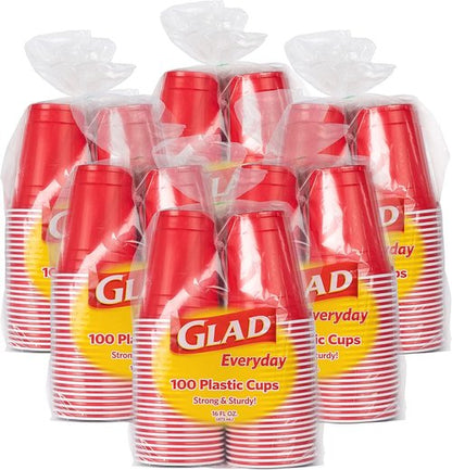 Glad Everyday Disposable Plastic Cups - Heavy Duty Red Drinking Party Cups - 16 Ounce, 100 Count | 6 Pack