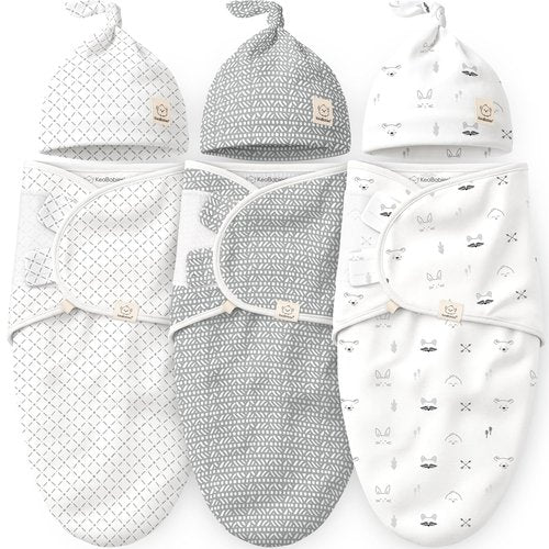 KeaBabies Organic Soft Baby Swaddles - 3-Pack Newborn Sleep Sacks with Hats | Breathable 0-6 Months