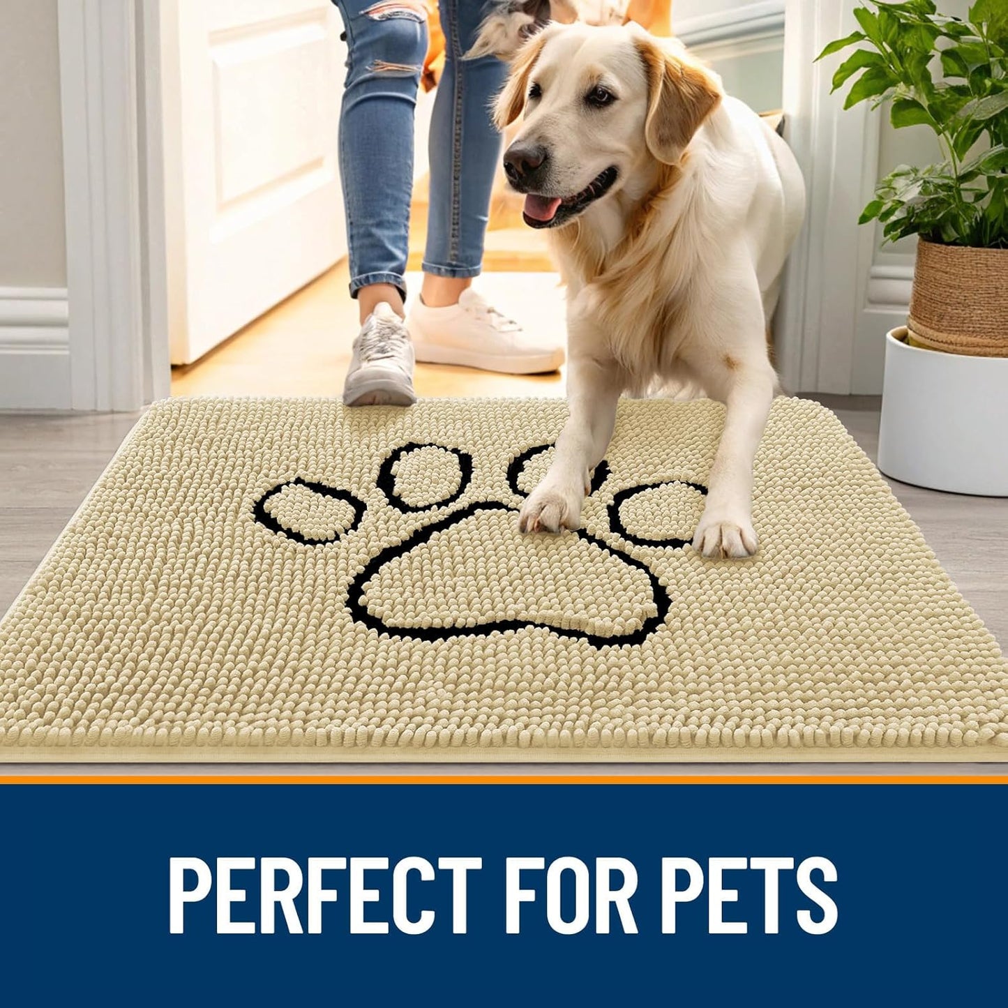 OLANLY Dog Door Mat - Absorbent Non-Slip Mud Mat for Dogs | 48x30 Paw Print Design, Quick Dry Chenille