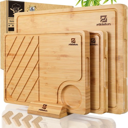 Bamboo Cutting Boards Set of 4 - Non-Slip Charcuterie & Chopping Boards with Holder | Ideal Gift