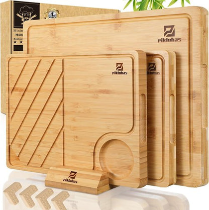 Bamboo Cutting Boards Set of 4 - Non-Slip Charcuterie & Chopping Boards with Holder | Ideal Gift