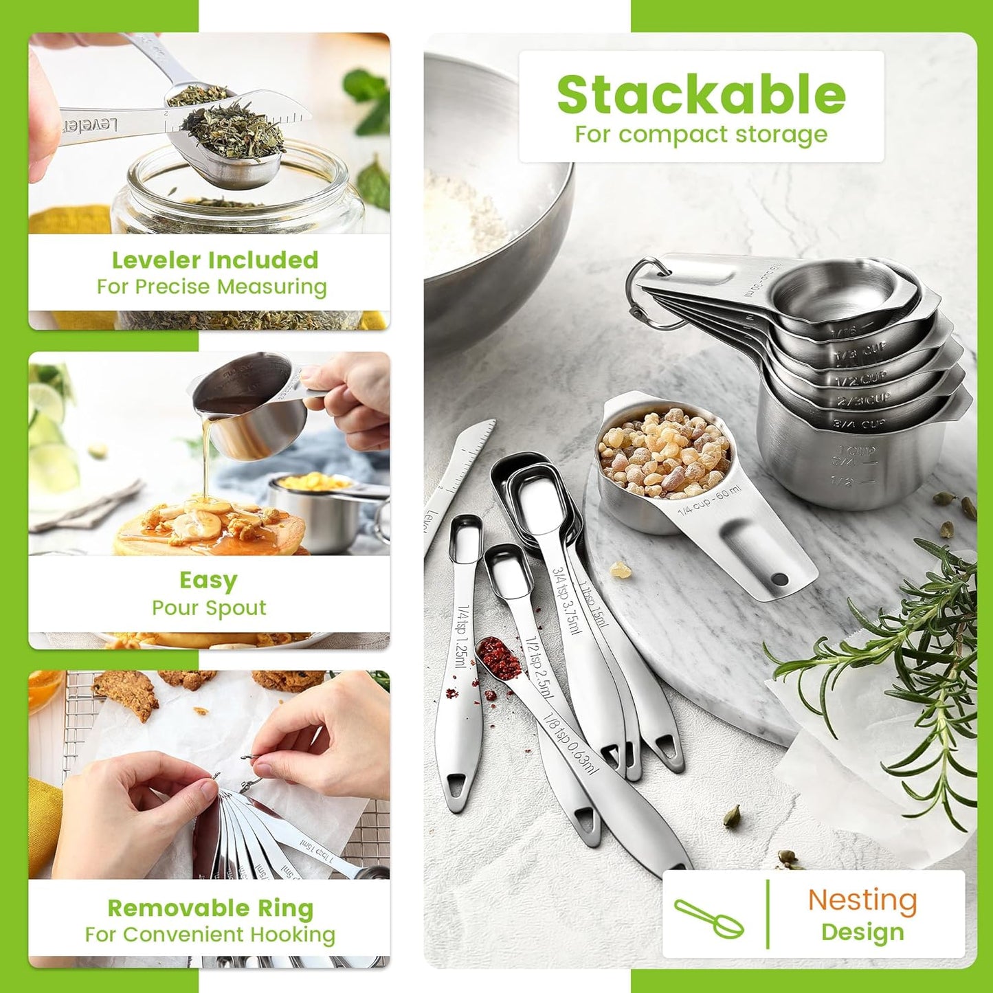 Spring Chef Stainless Steel Measuring Cups & Spoons Set - 14-Piece Nesting Kitchen Tool for Accurate Cooking & Baking