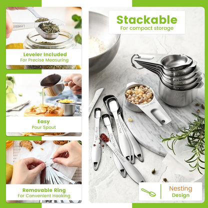 Spring Chef Stainless Steel Measuring Cups & Spoons Set - 14-Piece Nesting Kitchen Tool for Accurate Cooking & Baking