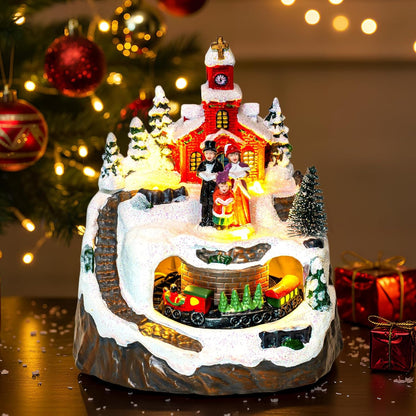 MXwcy Animated Christmas Village Decoration - Lighted Church Choir & Moving Train | Holiday Centerpiece