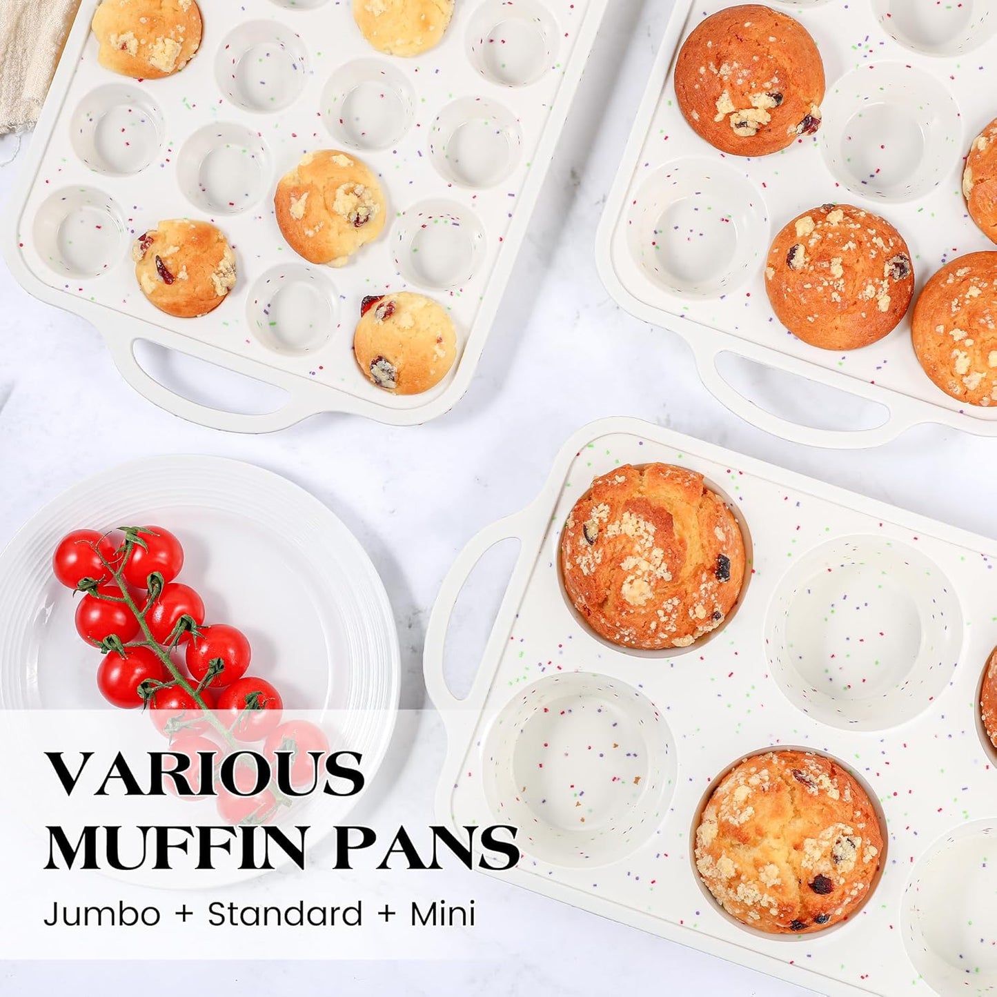 Skiennix Silicone Cupcake Pan Set - Nonstick 12 Cup & Mini 24 Cup Muffin Molds | BPA Free, Cream Color (2 Pcs)