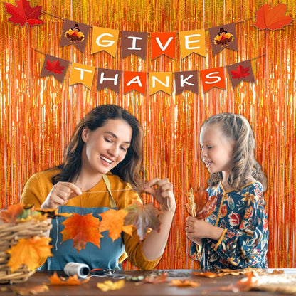 Melsan Tinsel Fringe Curtain - Upgraded Thicker Metallic Streamers | 3 Pack, 3.2 x 8.2 ft, Orange for Parties