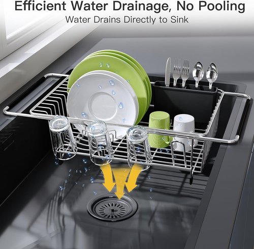 JASIWAY Expandable Stainless Steel Dish Drying Rack - In-Sink Design with Utensil Holder | Silver Finish