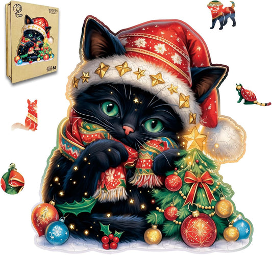 Skiennix Wooden Jigsaw Puzzle - 200 Piece Christmas Cat Design | Unique 11 x 11 Inch Challenge for Adults