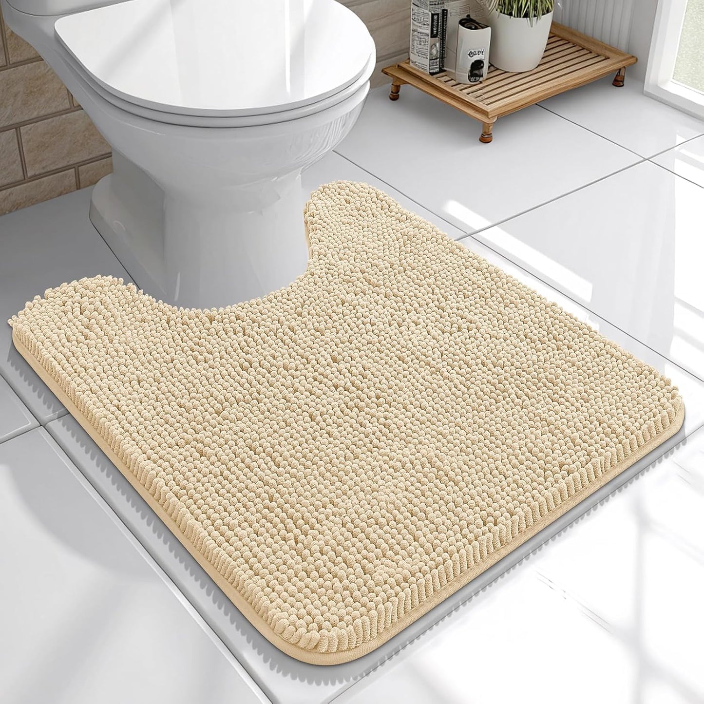 OLANLY U-Shaped Toilet Rug - Extra Soft Chenille Bath Mat, Quick-Dry & Non-Slip - 20x20, Beige
