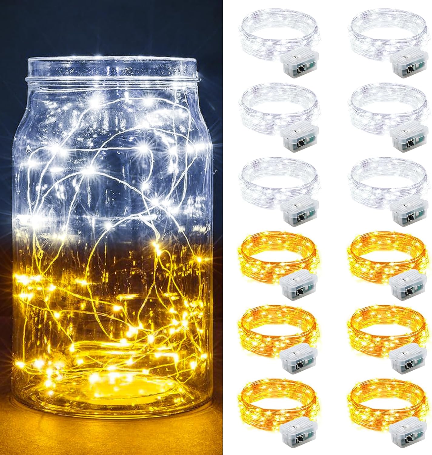 Skiennix 12 Pack Fairy Lights - 7Ft 20 LED Twinkle String Lights | Battery Operated & Waterproof for Weddings & Parties - Warm White & White