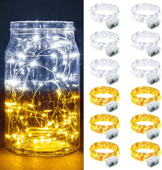 Skiennix 12 Pack Fairy Lights - 7Ft 20 LED Twinkle String Lights | Battery Operated & Waterproof for Weddings & Parties - Warm White & White