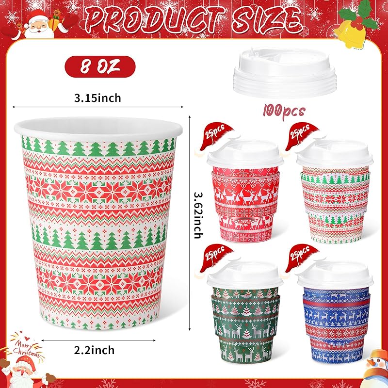 Multicolor 100 Pack 8 oz Christmas Disposable Coffee Cups with Lids & Sleeves (100 Pcs) – 4 Festive Designs