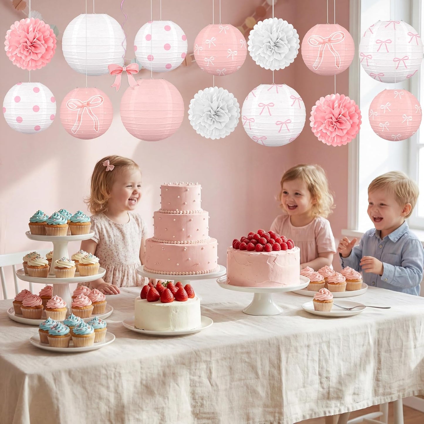 Skiennix 15-Piece Pink Bow Birthday Party Decorations - Paper Lanterns for Girls' Baby Showers
