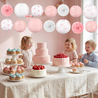 Skiennix 15-Piece Pink Bow Birthday Party Decorations - Paper Lanterns for Girls' Baby Showers