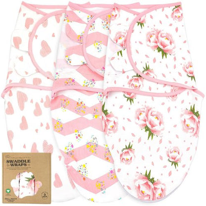 Bublo Baby Swaddles - Adjustable Infant Sleep Sack 3-Pack | Soft Organic Cotton for Newborns (Hearts-Flowers)