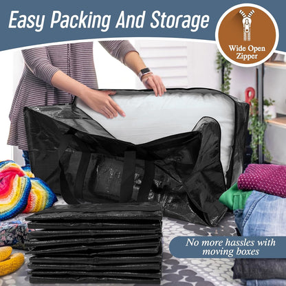 Skiennix Extra Heavy Duty Large Moving Bags - Strong Zipper & Comfortable Handles | 6 Pack, Black