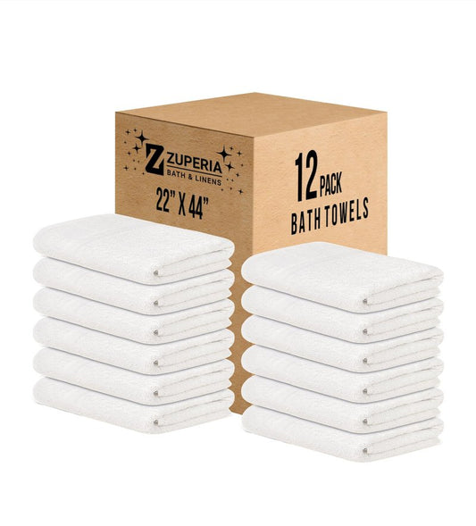 ZUPERIA White Bath Towels Bulk 12 Pack (22 x 44 Inches) - 100% Cotton Economy Light Weight Towels for Commercial Use - Quick Dry, Ultra-Soft, and Absorbent Bulk Towels