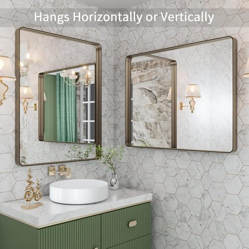 LOAAO Bronze Bathroom Mirror - 28”x36” Rounded Rectangle Design with Anti-Rust Brushed Metal Frame | Versatile Horizontal/Vertical Hanging