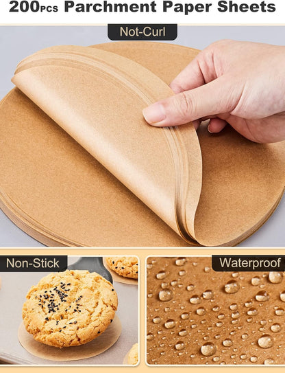 SMARTAKE Unbleached Parchment Paper Bundle - 200 Pcs, 12x16 Inches & 8-Inch Round Pre-Cut Non-Stick
