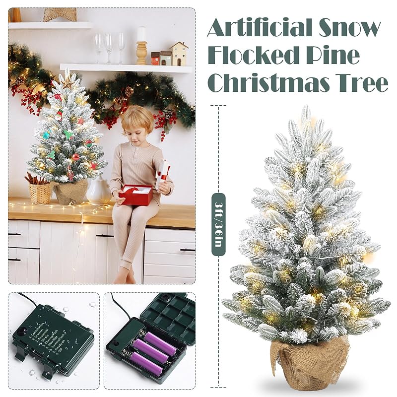 Gfilay 3ft Flocked Prelit Christmas Tree with 60 LED Lights, 8 Modes