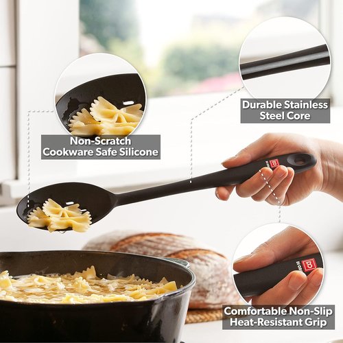 DI ORO Silicone Cooking Spoons - Heat-Resistant 600°F Utensils for Mixing & Serving | 2-Piece Set in Black