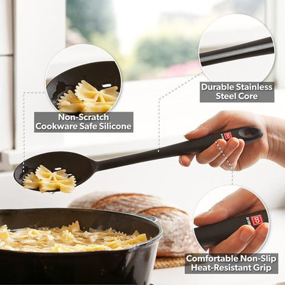 DI ORO Silicone Cooking Spoons - Heat-Resistant 600°F Utensils for Mixing & Serving | 2-Piece Set in Black