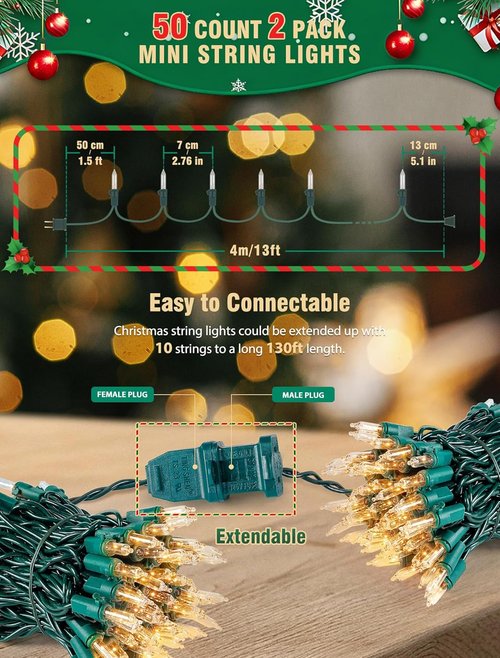 Hopolon Clear Christmas Lights Set - 50 Count Mini String Lights on Green Wire - 13 Feet for Indoor/Outdoor Decor
