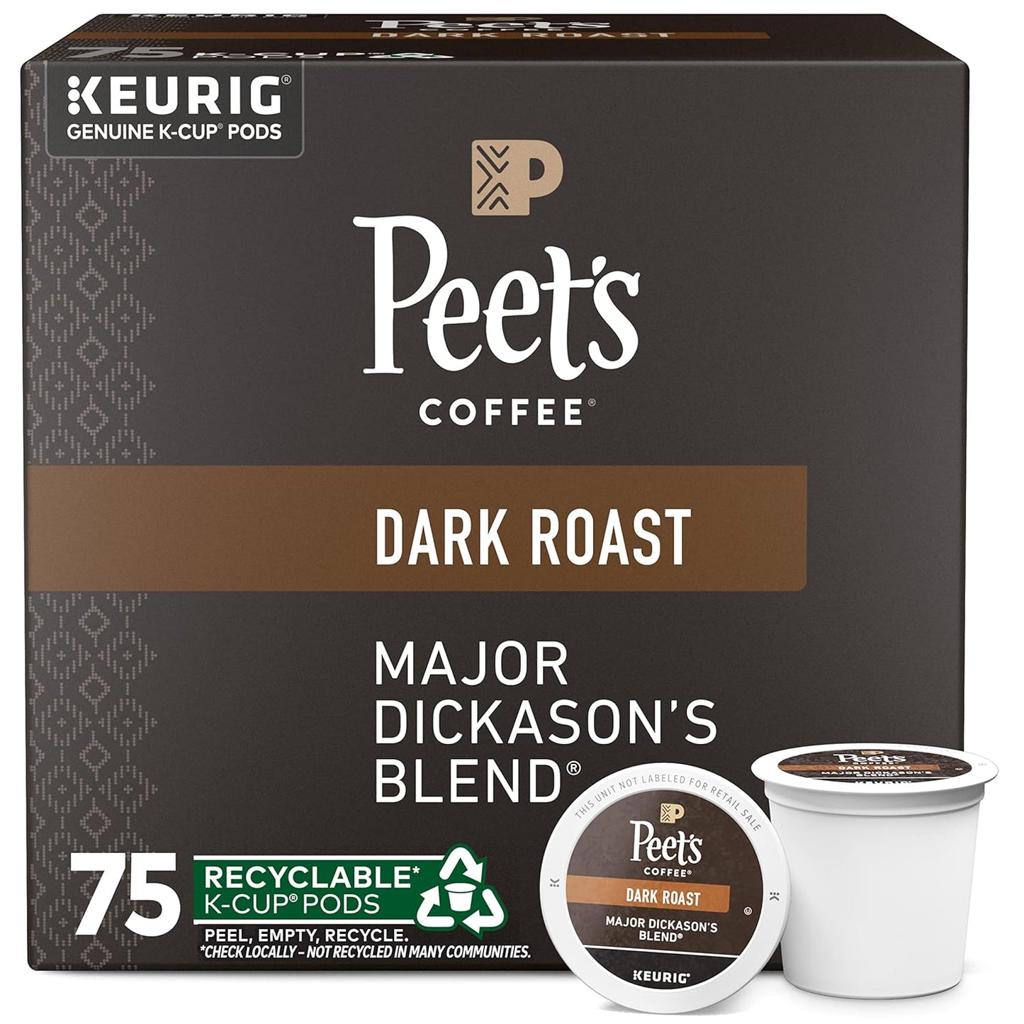 Peet's Coffee Dark Roast K-Cup Pods - 100% Arabica Major Dickason's Blend, 75 Count Box
