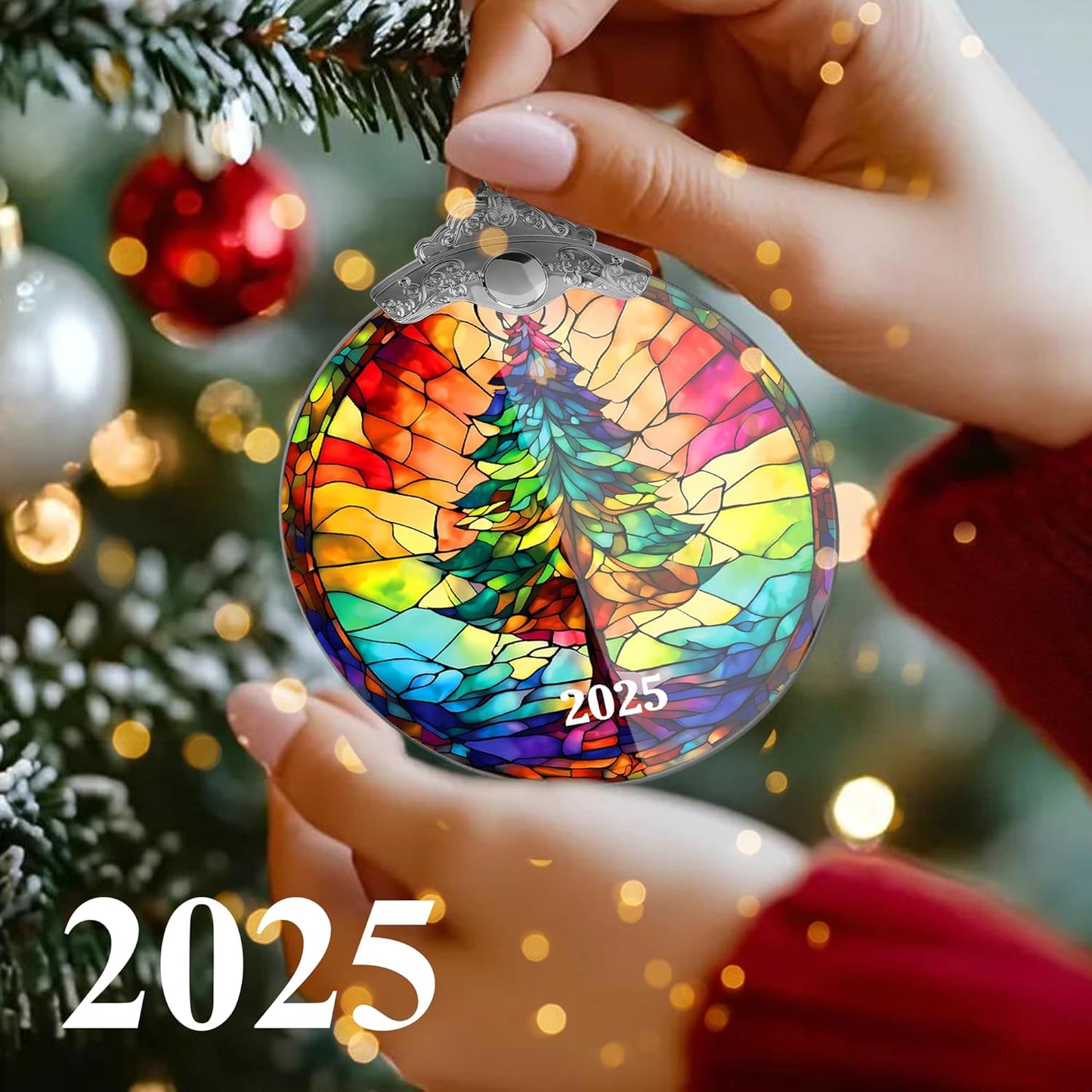 Stained Glass Effections Christmas Ornament - 2D Acrylic Art for Tree Decor | Unique White Elephant Gift