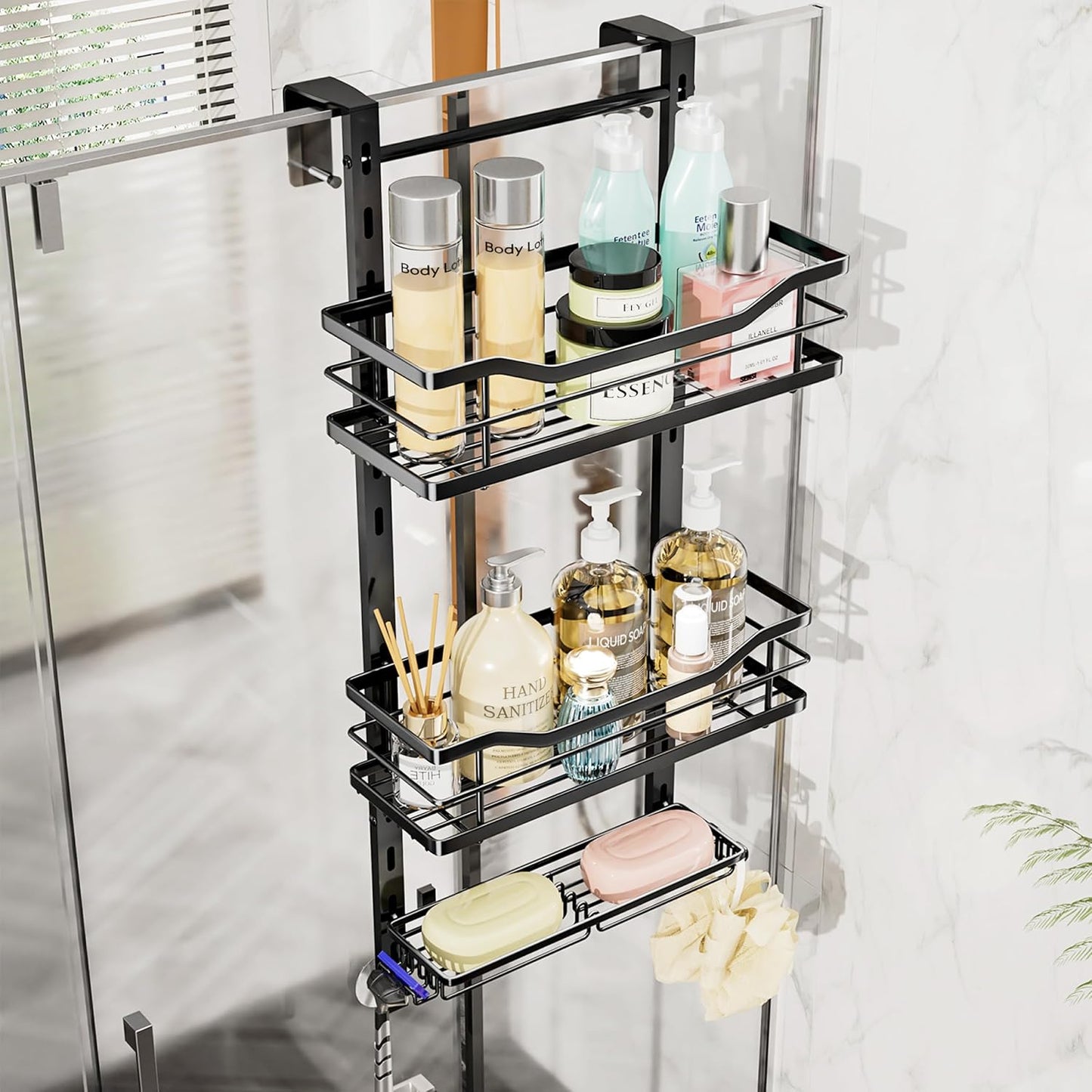SWTYMIKI Over The Door Shower Caddy - 3 Tier Adjustable Organizer | No Drill Stainless Steel Rack in Black