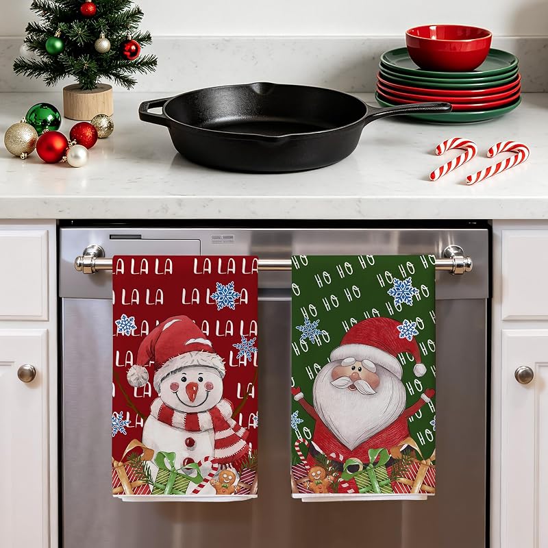 Christmas Kitchen Towels Set of 2 18x28in Snowman Santa - Red/Green Variation